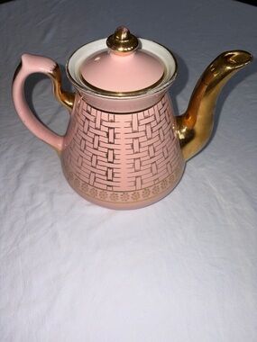 Vintage Hall China Pink & Gold Ceramic Teapot with Woven Motif